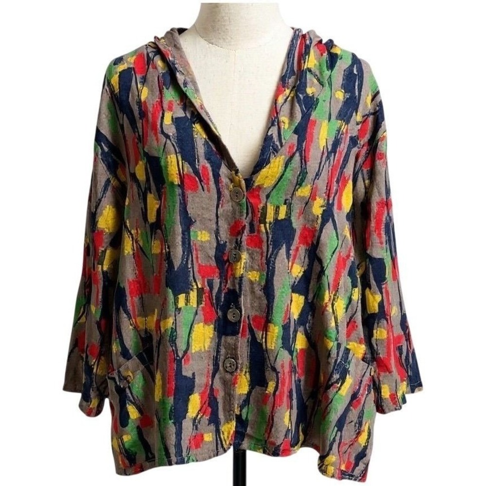 Transparente Italy 100% Linen Abstract Hooded Button Front Shirt Jacket Size 2 M